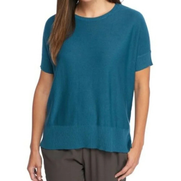 Eillen Fisher Blue Tencell & Merino Wool Short Sleeve Sweater Size XXS - Picture 1 of 7